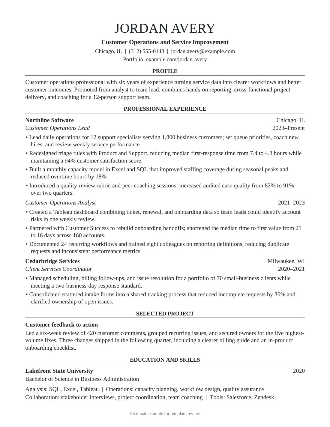 Career Progression, page 1 of 1, fictional resume for Jordan Avery