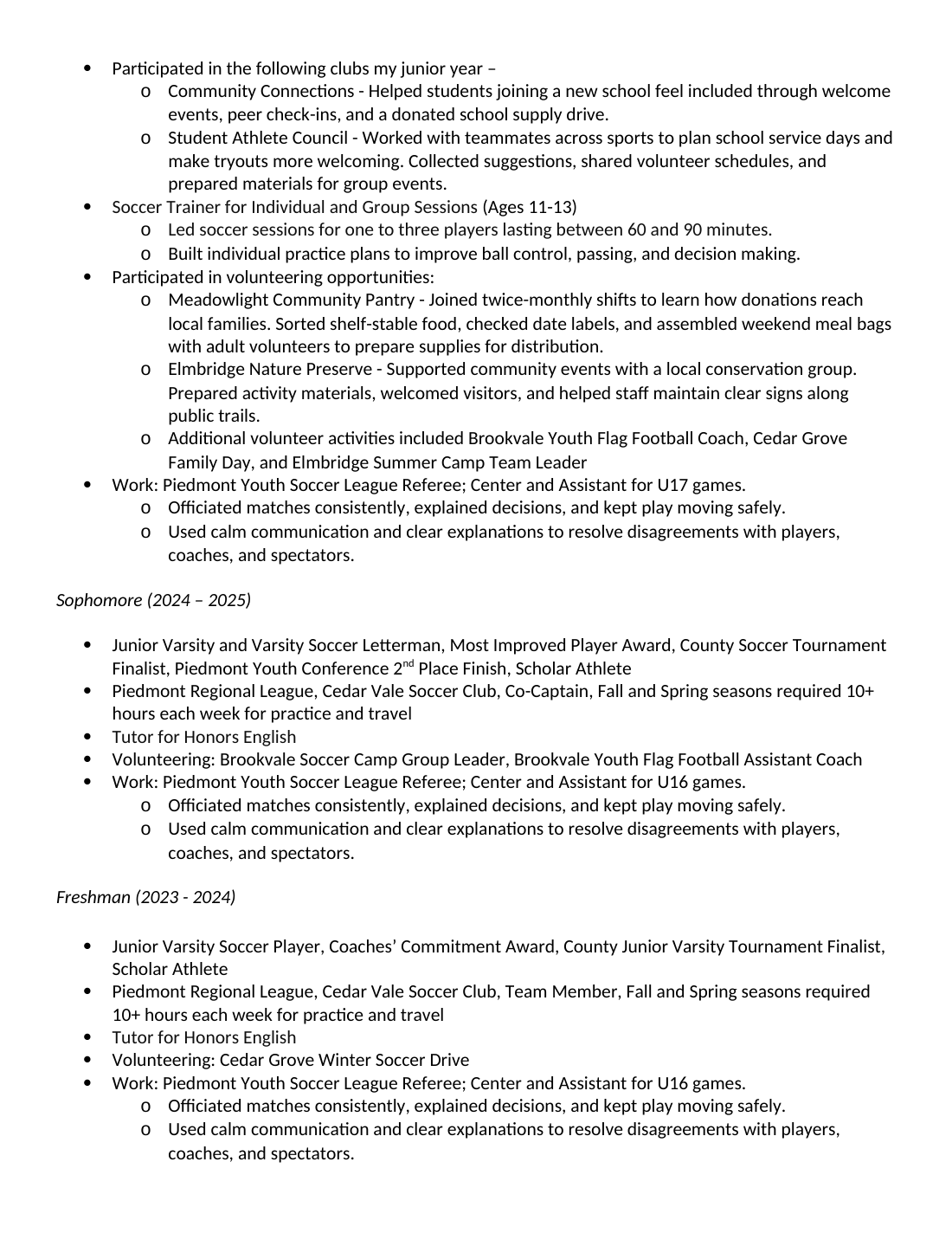 College Application, page 2 of 2, fictional resume for Elliot Parker Hayes