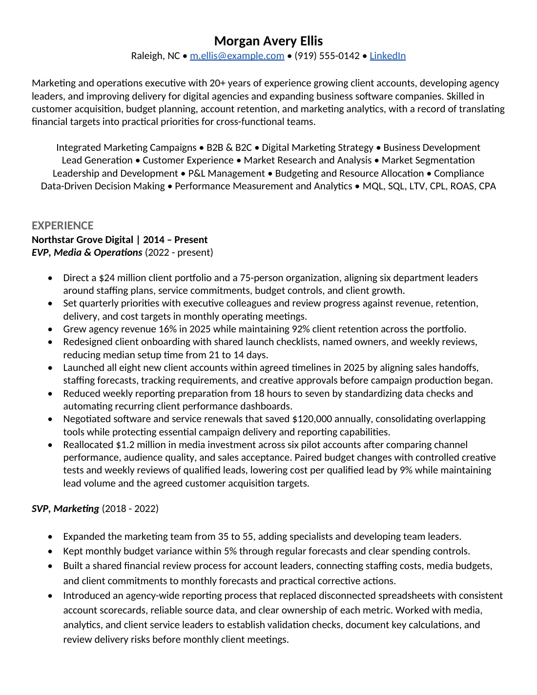 Executive Classic, page 1 of 2, fictional resume for Morgan Avery Ellis