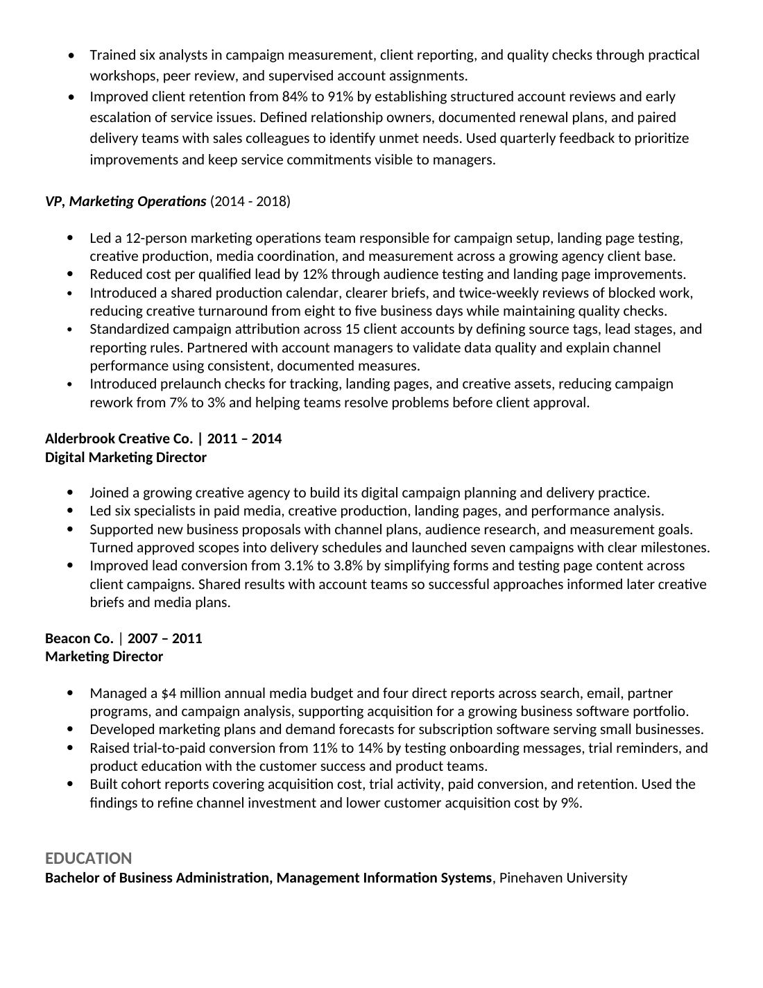 Executive Classic, page 2 of 2, fictional resume for Morgan Avery Ellis