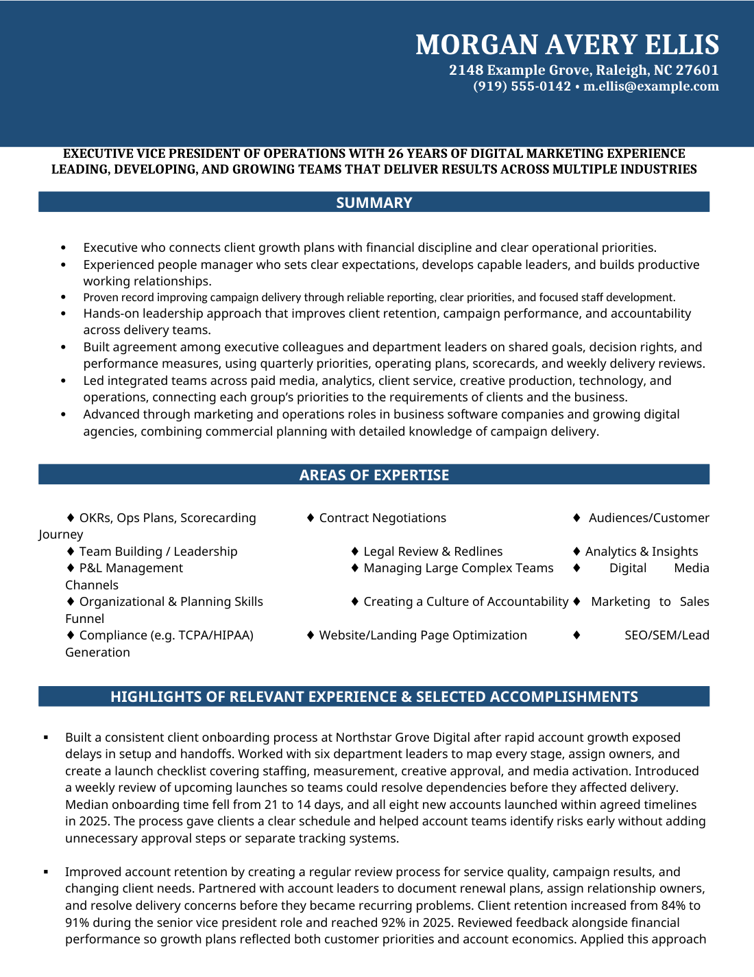 Executive Showcase, page 1 of 3, fictional resume for Morgan Avery Ellis