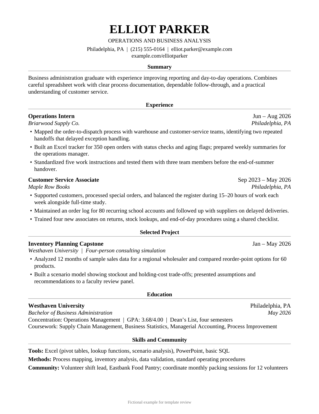 Graduate Classic, page 1 of 1, fictional resume for Elliot Parker
