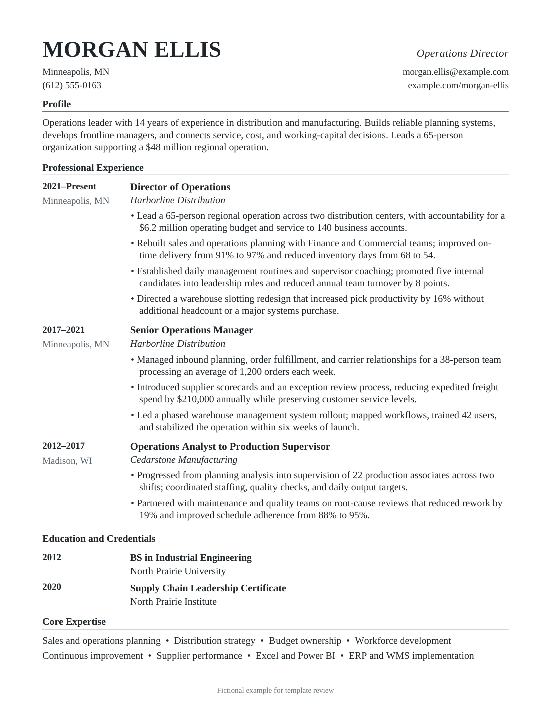 Management Timeline, page 1 of 1, fictional resume for Morgan Ellis