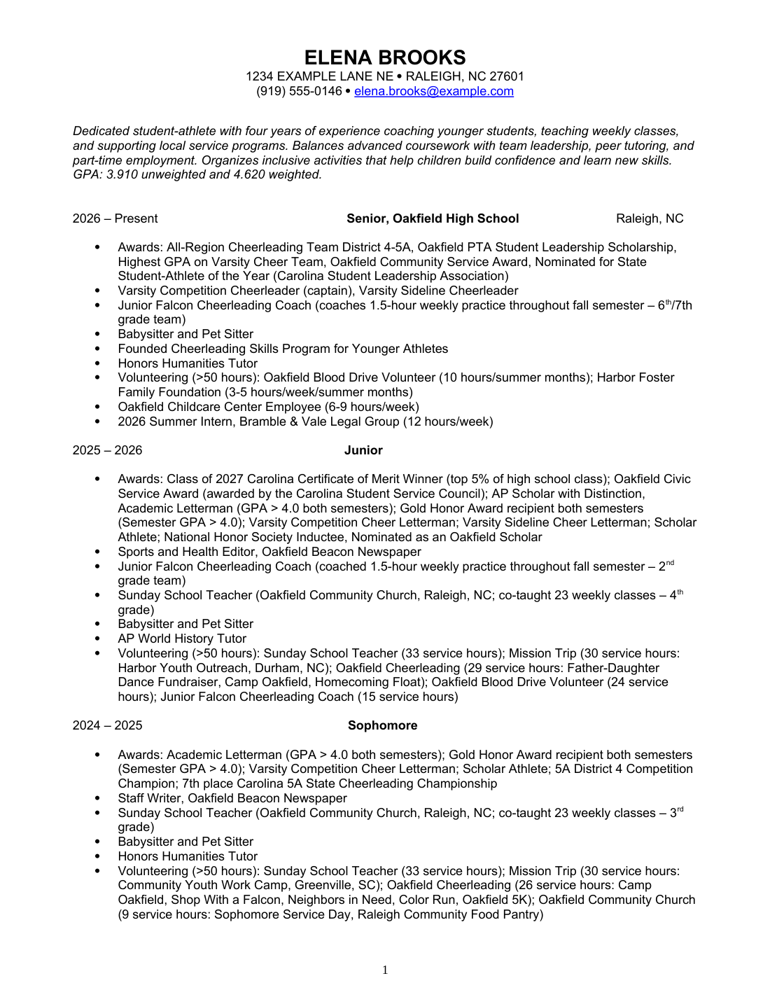 Student Activities, page 1 of 2, fictional resume for Elena Brooks