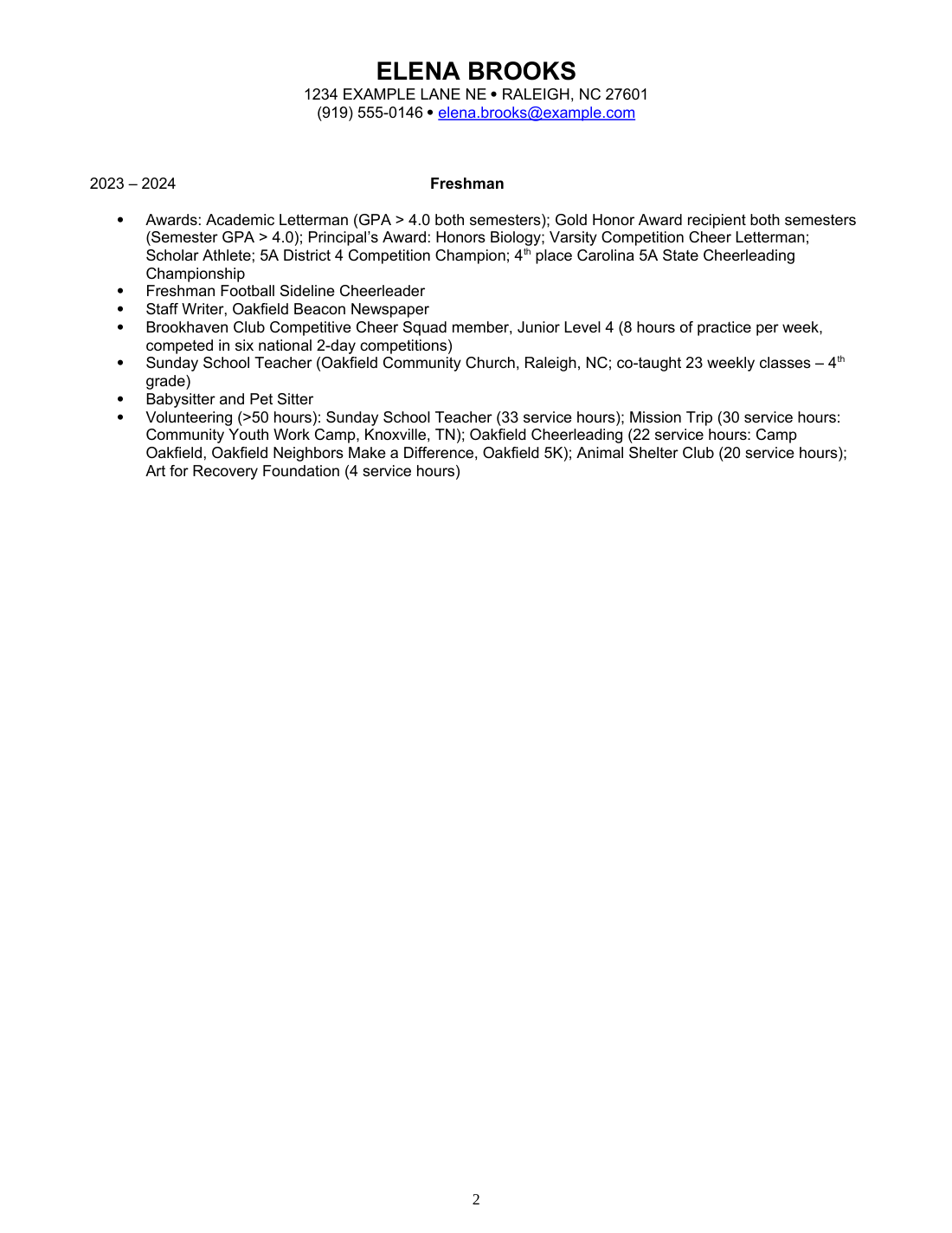 Student Activities, page 2 of 2, fictional resume for Elena Brooks
