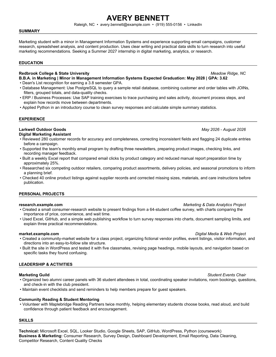 Student Spacious, page 1 of 1, fictional resume for Avery Bennett