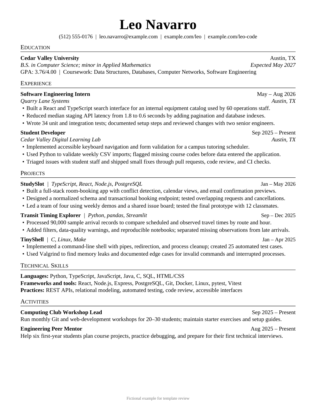 Technical Internship, page 1 of 1, fictional resume for Leo Navarro