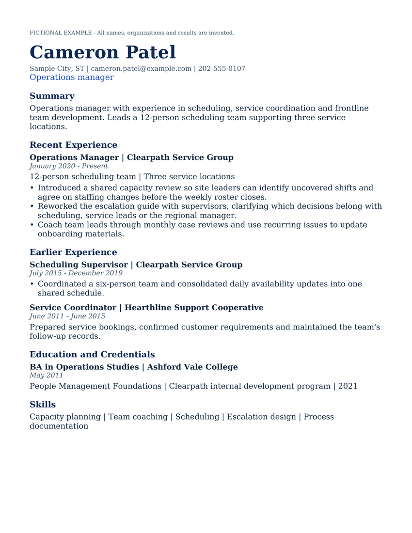 Depth fictional resume example for Cameron Patel
