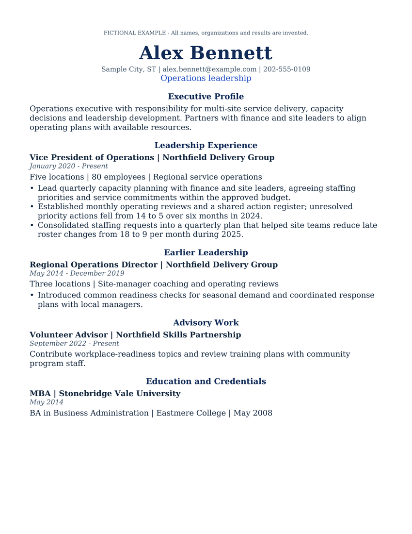 Executive Scope fictional resume example for Alex Bennett