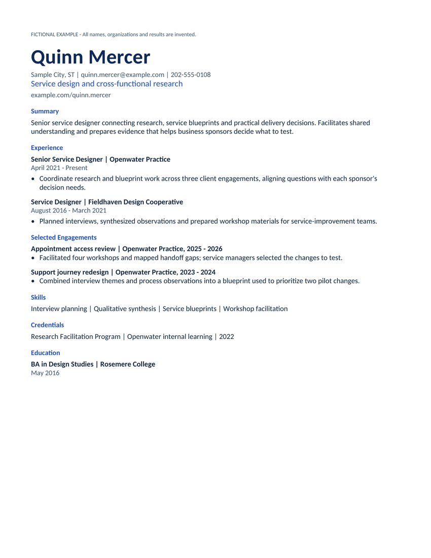 Perspective fictional resume example for Quinn Mercer