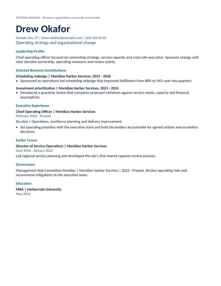 Strategic Horizon fictional resume example for Drew Okafor